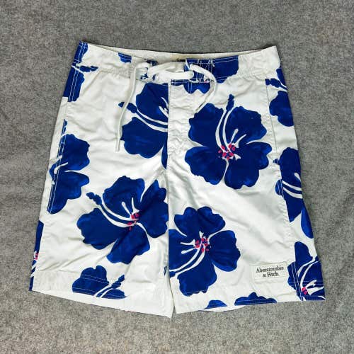 Abercrombie and Fitch Mens Swim Trunks Medium White Blue Floral Board Shorts