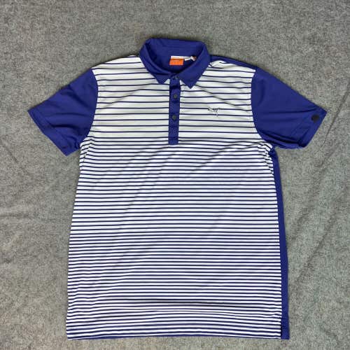 Puma Mens Polo Shirt Large Purple White Striped Logo Golf Button Outdoors Casual
