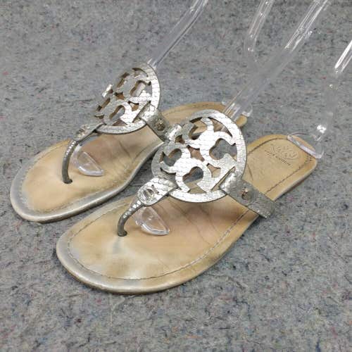 Tory Burch Miller Womens 9.5 Thong Sandals Logo Silver Leather Flip Flop Shoes