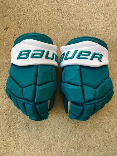 Rare! San Jose Sharks Teal Bauer Ultrasonic Pro Stock Hockey Gloves 14”