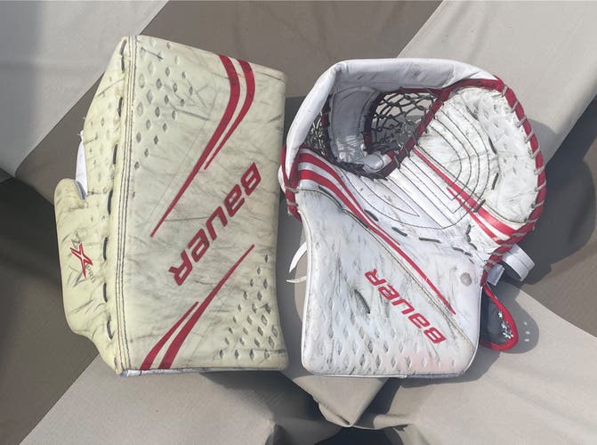 Used Bauer 2X Pro Regular Red/White Blocker and Glove Set