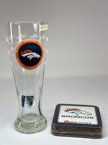 #1719 Denver Broncos Lot  Coasters (6) & NFL Beer Glass 16 oz Glasses