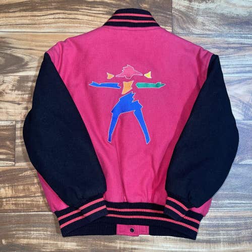Vintage American Girl Jacket Youth Medium Pink Black Wool Blend Varsity Bomber