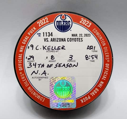 3-22-23 CLAYTON KELLER Arizona Coyotes at Edmonton Oilers Game Used GOAL PUCK 34