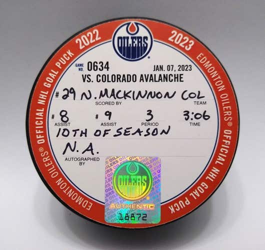 1-7-23 NATHAN MACKINNON Colorado Avalanche Edmonton Oilers Game Used GOAL PUCK