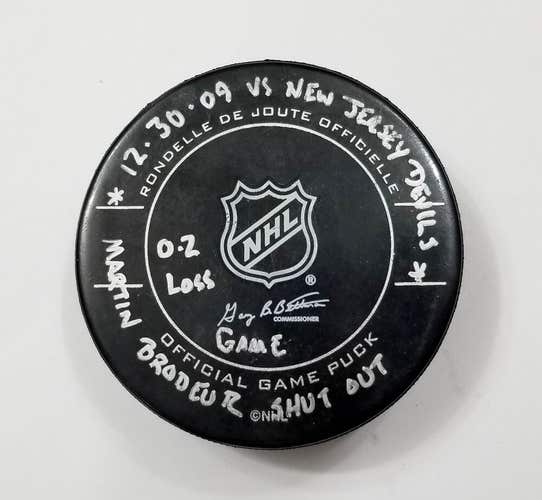 12-30-09 Penguins at New Jersey Devils Game Used Hockey Puck BRODEUR SHUTOUT 105