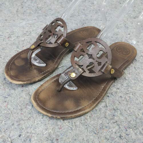 Tory Burch Miller Womens 8 Thong Sandals Logo Dark Brown Leather Flip Flop Shoes