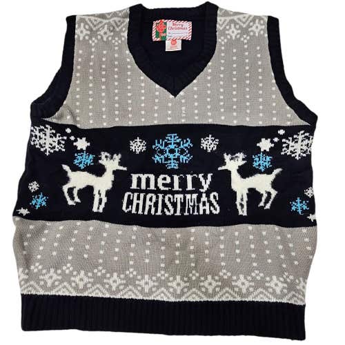 Ugly V-Neck Christmas Sweater Vest - Unisex XL Pullover - Reindeer + Snowflakes
