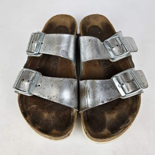 Birkenstock Arizona Metallic Silver Soft Footbed Distressed Sandals Size: 38 / 7