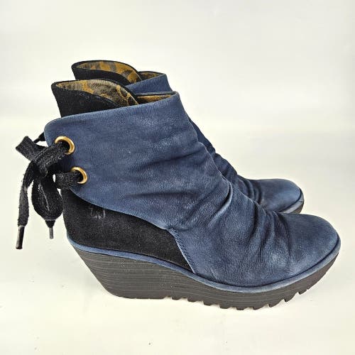 Fly London Women’s Yama Navy Blue Suede Ankle Wedge Boots Size EU 40 US 9.5