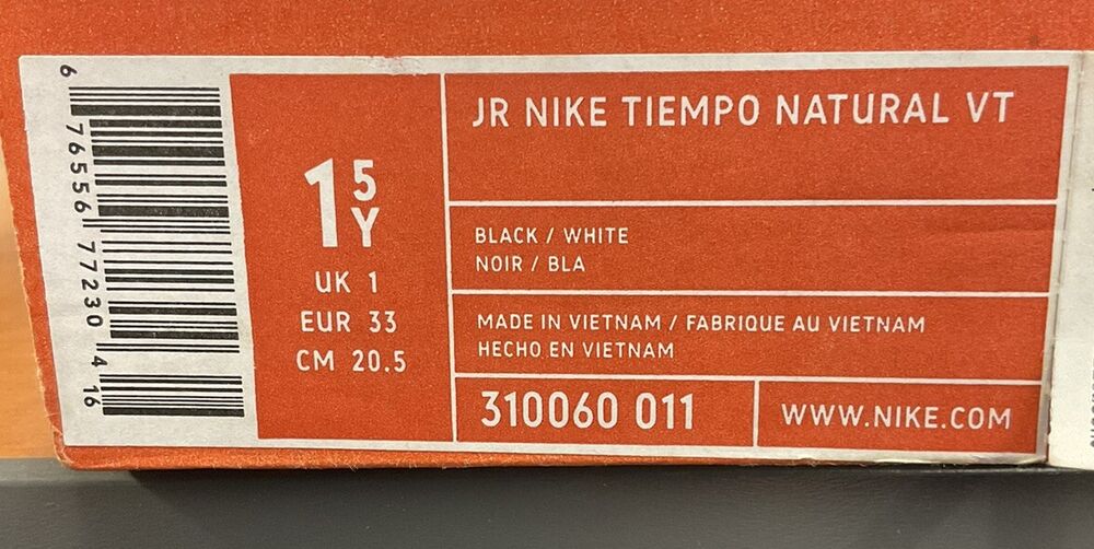 Nike 310060 011 JR Tiempo Natural VT Soccer Cleats Colors Black White US 1.5Y