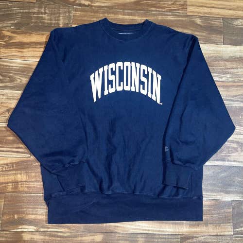 Vintage Champion Reverse Weave Wisconsin Crewneck Sweatshirt Navy Blue Size XL