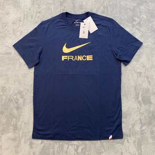 NIKE T Shirt Men Large Navy FRANCE World Cup Short Sleeve Metallic Gold Swoosh