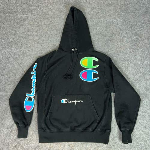Champion Men Hoodie Medium Black Reverse Weave Sweatshirt Neon Spellout Big Logo