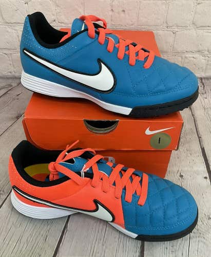 Nike JR Tiempo Genio Leather TF Soccer Cleats Colors Turquoise Crimson US 1Y