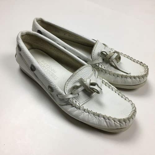 Minnetonka White Leather Driving Moccasin Shoe Slipper Women's Sz 8