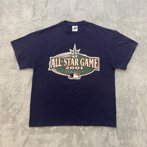 Vintage 2001 MLB All-Star Game Seattle T Shirt Men XL Navy Majestic Short Sleeve