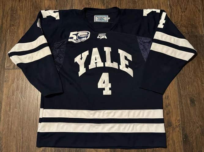 Gus Young 2010-11 Yale Bulldogs ECAC 50th Game Worn NCAA Navy Blue Hockey Jersey