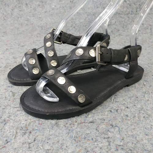 FRYE Morgan Hammered Stud Sandals Womens 6.5 Flats Black Leather Strappy Shoes