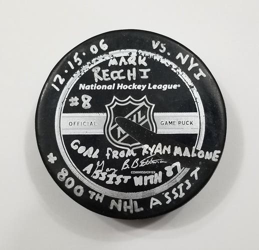 12-15-06 MARK RECCHI 800TH ASSIST Penguins Game Used (RYAN MALONE HT GOAL) PUCK