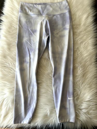 Nike Dri Fit Leggings, EUC, Key Pocket Clash Purple White Cloud Tie Dye Womens M