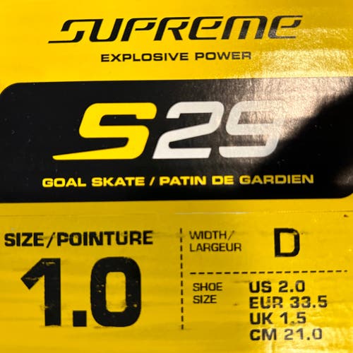 Used Junior Bauer Regular Width  Size 1 Supreme S29 Hockey Goalie Skates