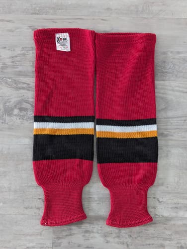 New Men's Adult Small Red KOBE Athletic Knit Ice Hockey Socks with Black trim and yellow pipe