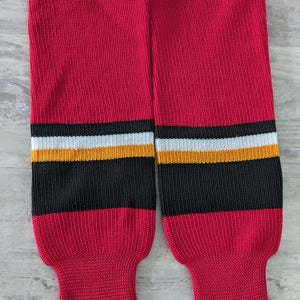 New Men's Adult Small Red KOBE Athletic Knit Ice Hockey Socks with Black trim and yellow pipe