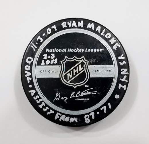 11-3-07 RYAN MALONE Penguins Islanders Game Used GOAL PUCK Crosby Malkin Assists