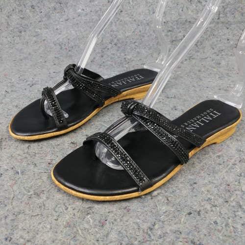 Italian Shoemakers Sandals Womens 7.5 Thong Slip On Flats Black Rhinestone Shoes