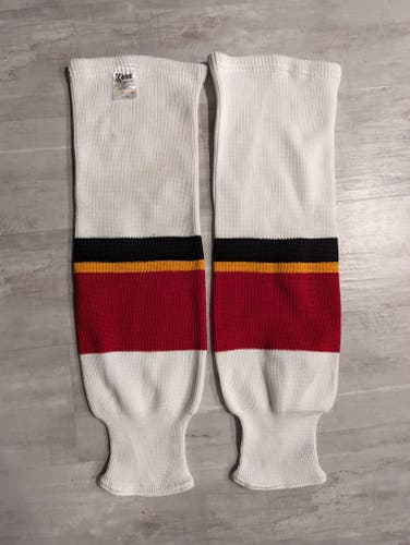 New Men's Adult Large White KOBE Athletic Knit Ice Hockey Socks with Red, Black yellow pipe