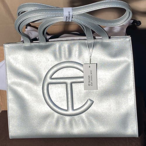 Authentic Silver Medium Telfar Shopping Bag