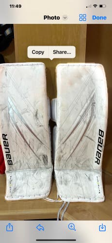 Hockey goalie leg pads and gloves