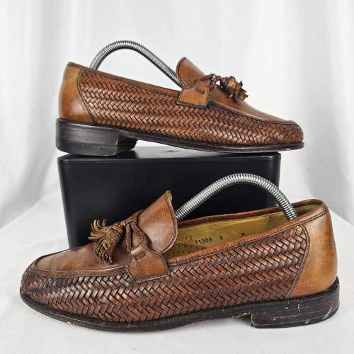 READ Magnanni Men's 8 M Brown Woven Leather Dress Shoes Tassel Loafers Spain