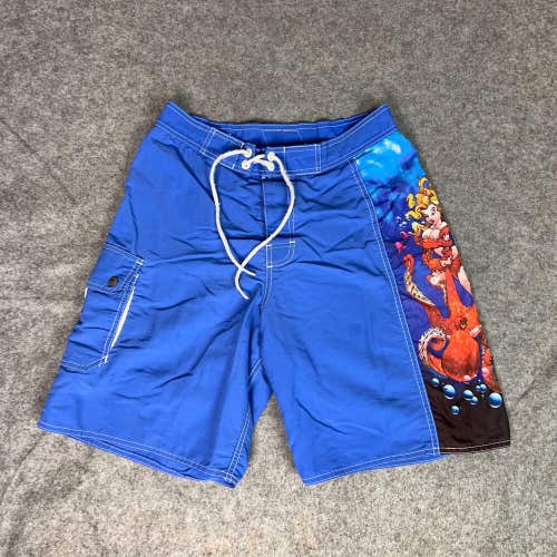 Vintage Lost Mens Board Shorts 28 Blue Swim Trunks Beach Octopus Girl Ocean Y2K