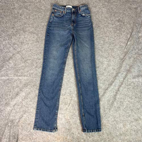 Zara Women Jeans 2 Blue Straight High Rise Denim Pant Casual Slit Leg Whisker