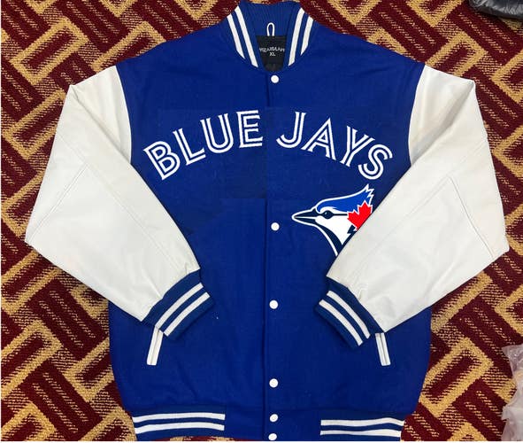 TORONTO BLUE JAYS  VARSITY JACKET  NEW WITH TAGS AND LEATHER SLEEVES