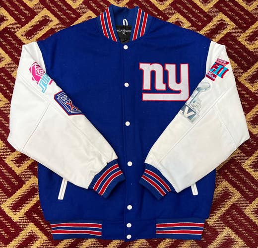 NEW YORK GIANTS NFL VARSITY JACKET  NEW WITH TAGS AND LEATHER SLEEVES