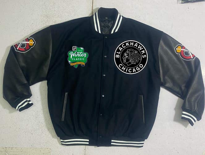 NHL 2019 CHICAGO BLACKHAWKS WINTER CLASSIC  VARSITY JACKET NEW WITH TAGS LEATHER SLEEVES