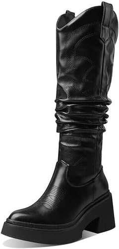 Mattiventon Mid Calf Cowgirl Boots for Women Chunky Heel Platform Knee High Cowb