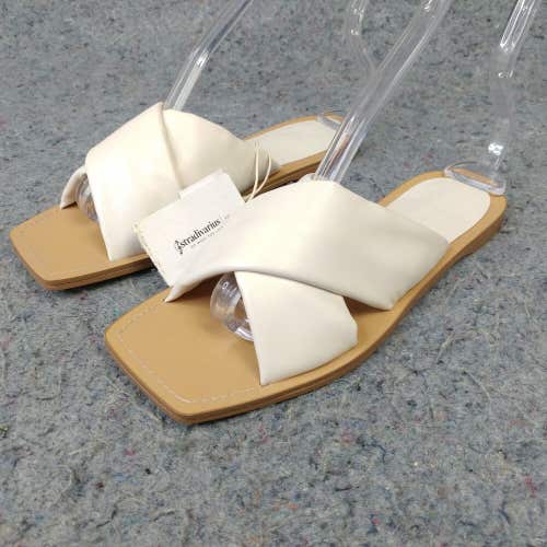 Stradivarius Sandals Womens 37 EU Cream White Cross Strap Slip On Shoes Flats