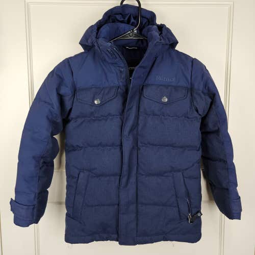 Marmot Kids Boys 700 Fill Down Hooded Puffer Coat Jacket Navy Blue Size: S