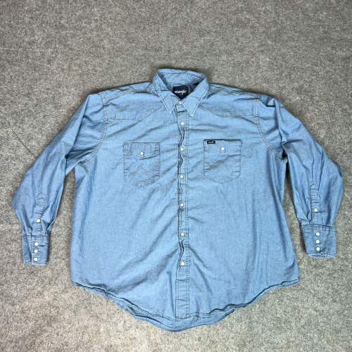 Wrangler Mens Shirt 3XL XXXL Blue Denim Pearl Snap Top Western Cowboy Casual Top
