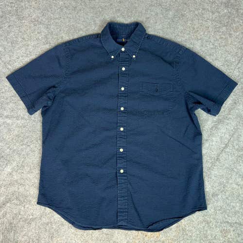 Ralph Lauren Men Shirt Extra Large Navy Button Seersucker Casual Date Preppy Top