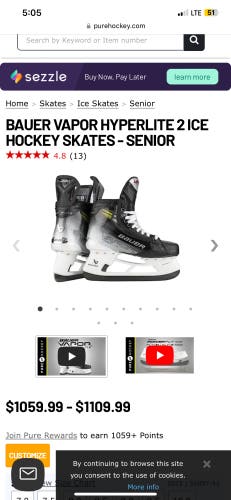 New Bauer Regular Width Pro Stock 9 Vapor Hyperlite Hockey Skates