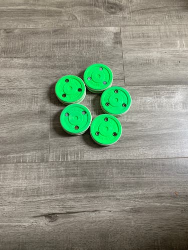 5 Used Bauer Green Biscuit Snipe Training Puck