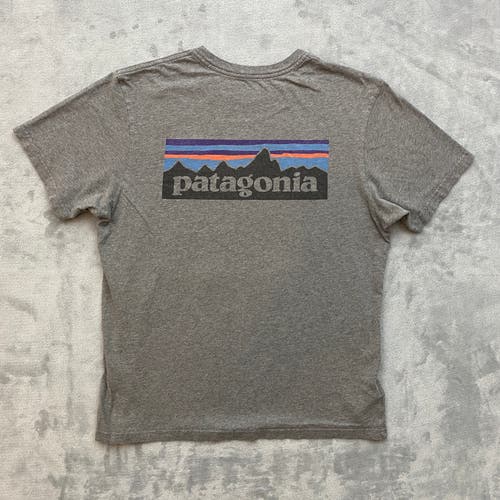Patagonia T Shirt Men Medium Grey Short Sleeve Organic Cotton Logo Spell Out