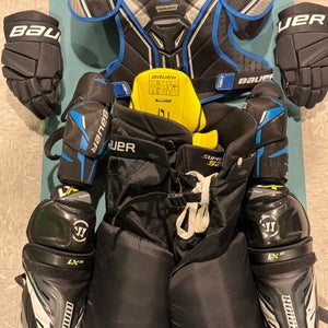 Used Junior Bauer Starter Kit Pants and Chest (L) Warrior Shin (12) Bauer Glove (12)