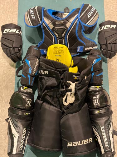 Used Junior Bauer Starter Kit Pants and Chest (L) Warrior Shin (12) Bauer Glove (12)