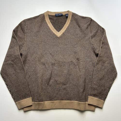 Grant Thomas Two Ply Cashmere Sweater V-Neck Houndstooth Brown Sz Large